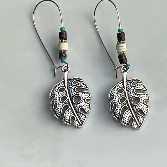 Beaded Boho Silver Leaf Earrings - Picture 2 of 3